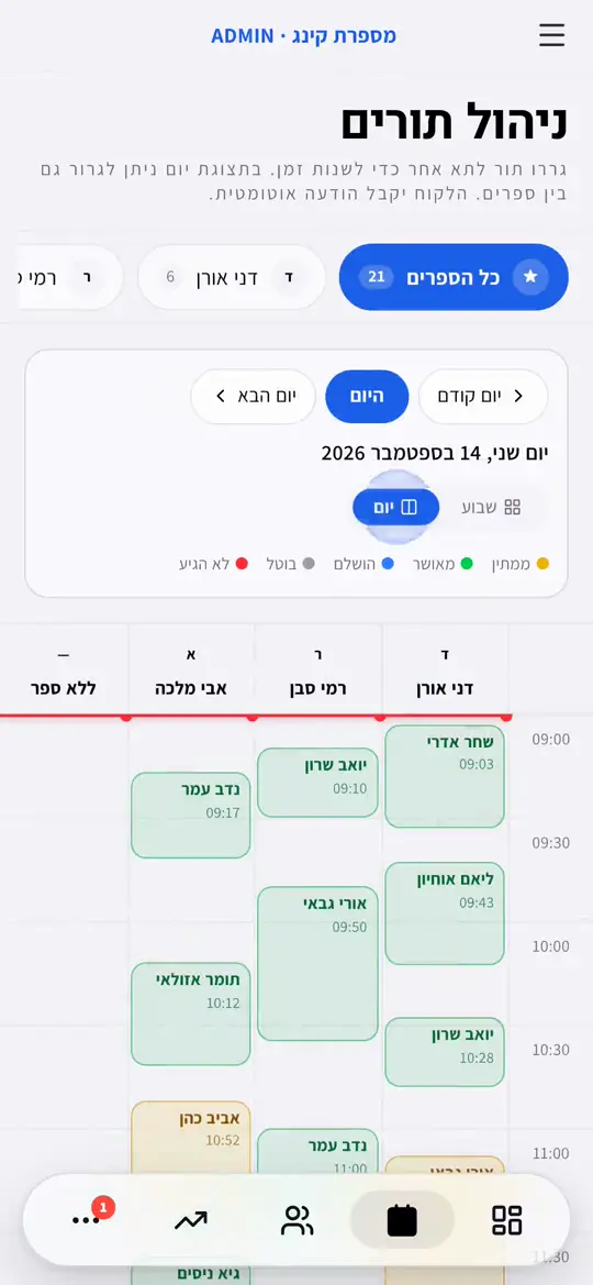 יומן התורים: תצוגת יום לפי ספרים ותצוגת שבוע