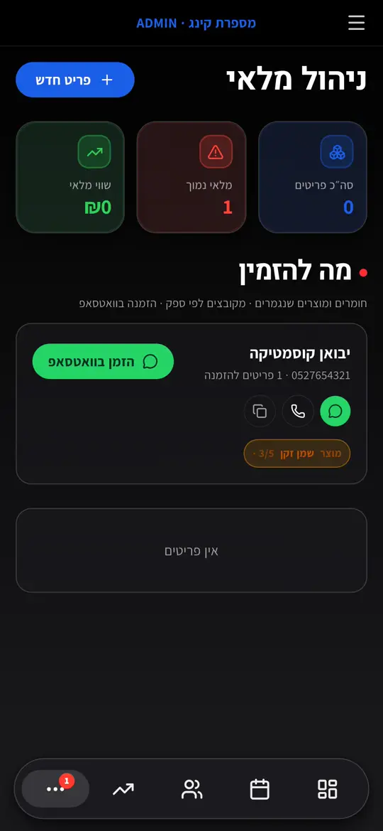 מסך המלאי עם מה שצריך להזמין